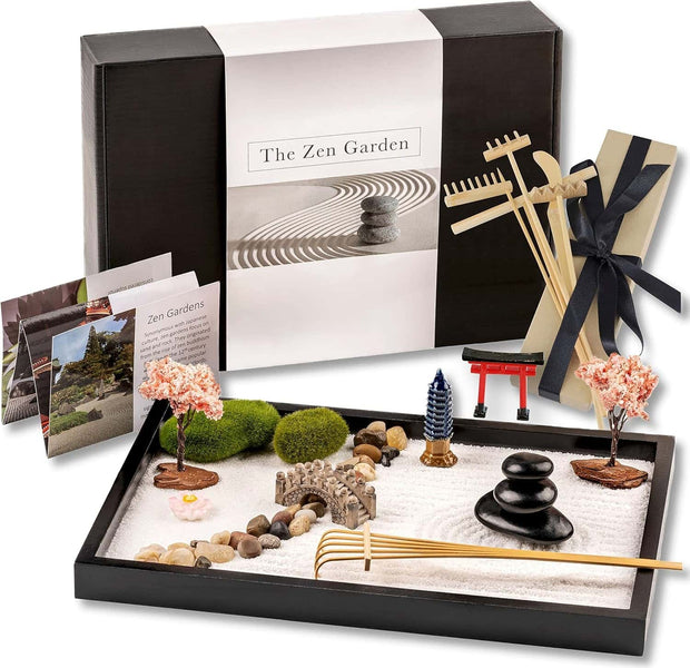 Mindful Mini Zen Garden Set | Desktop Meditation Sand Tray with 6 Wooden Tools & 15 Japanese Accents