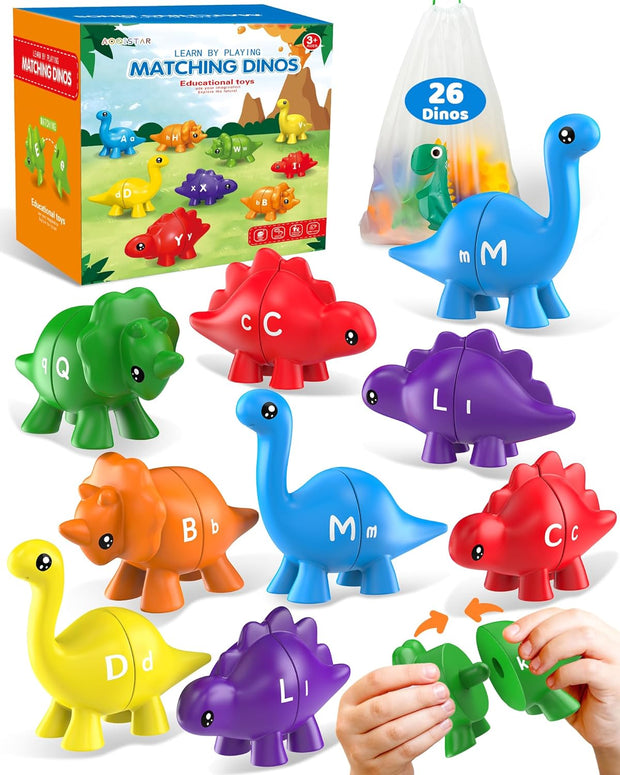 Dino ABC Match - Double-Sided Letter Learning Game for Toddlers 3-5 Years | Montessori Alphabet Toy with Storage