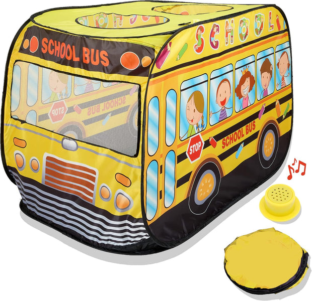 Pop-Up Musical School Bus Play Tent for Kids – Interactive Indoor/Outdoor Toddler Tent with Sounds, Carry Bag & Easy Setup