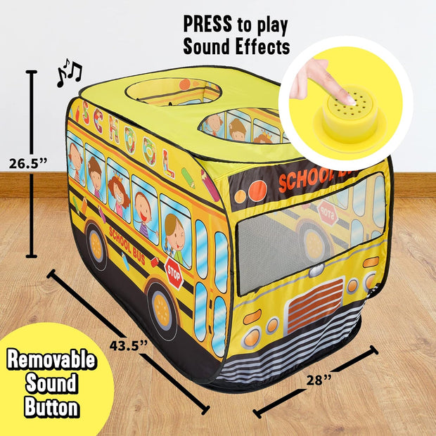 Pop-Up Musical School Bus Play Tent for Kids – Interactive Indoor/Outdoor Toddler Tent with Sounds, Carry Bag & Easy Setup