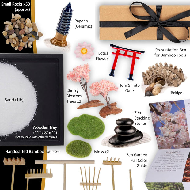 Mindful Mini Zen Garden Set | Desktop Meditation Sand Tray with 6 Wooden Tools & 15 Japanese Accents