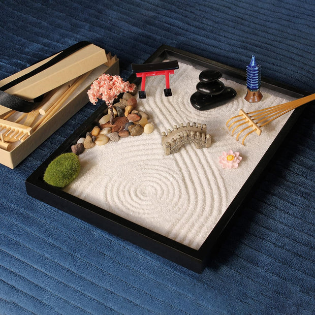 Mindful Mini Zen Garden Set | Desktop Meditation Sand Tray with 6 Wooden Tools & 15 Japanese Accents