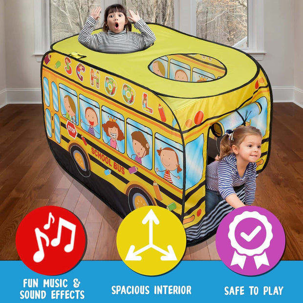 Pop-Up Musical School Bus Play Tent for Kids – Interactive Indoor/Outdoor Toddler Tent with Sounds, Carry Bag & Easy Setup