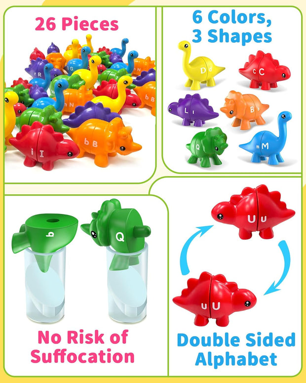 Dino ABC Match - Double-Sided Letter Learning Game for Toddlers 3-5 Years | Montessori Alphabet Toy with Storage
