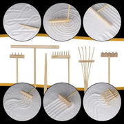 Mindful Mini Zen Garden Set | Desktop Meditation Sand Tray with 6 Wooden Tools & 15 Japanese Accents