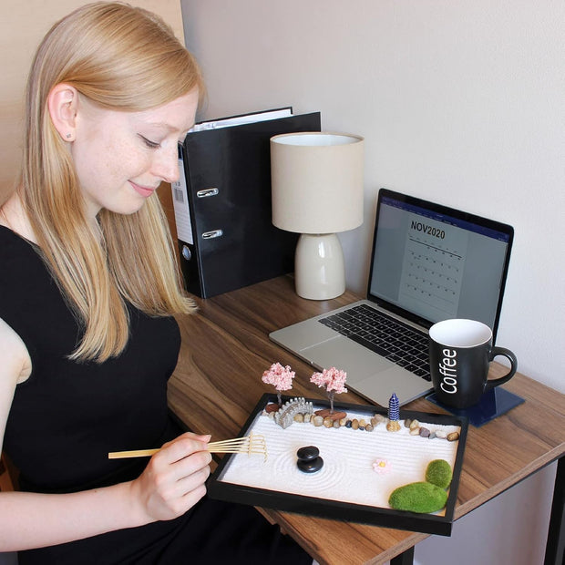Mindful Mini Zen Garden Set | Desktop Meditation Sand Tray with 6 Wooden Tools & 15 Japanese Accents